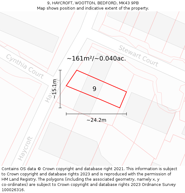 9, HAYCROFT, WOOTTON, BEDFORD, MK43 9PB: Plot and title map