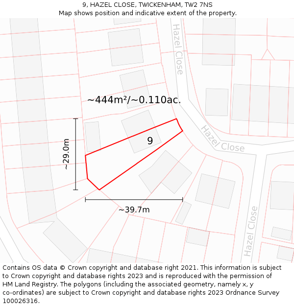 9, HAZEL CLOSE, TWICKENHAM, TW2 7NS: Plot and title map
