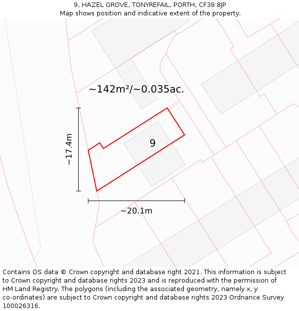 9, HAZEL GROVE, TONYREFAIL, PORTH, CF39 8JP: Plot and title map