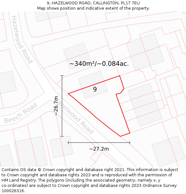 9, HAZELWOOD ROAD, CALLINGTON, PL17 7EU: Plot and title map