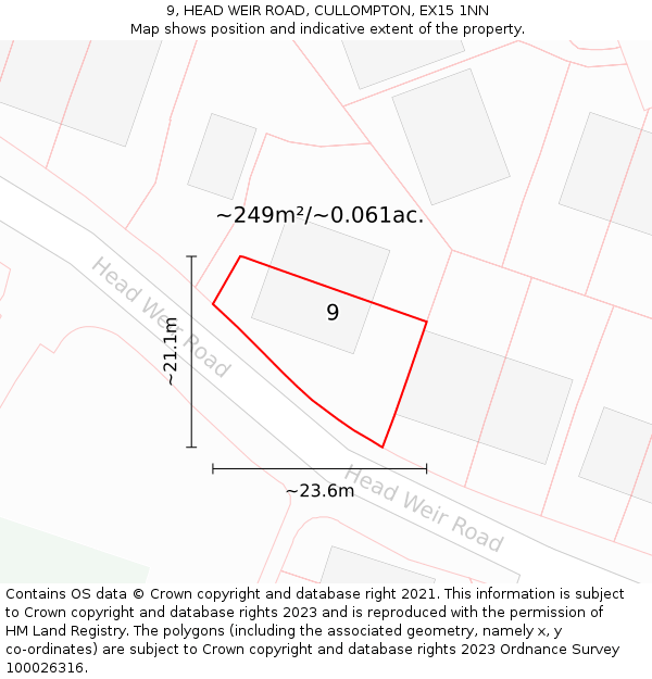 9, HEAD WEIR ROAD, CULLOMPTON, EX15 1NN: Plot and title map