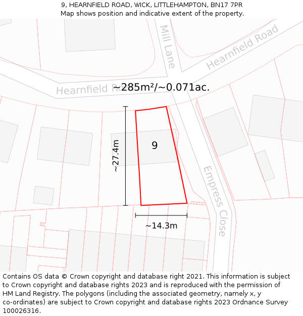 9, HEARNFIELD ROAD, WICK, LITTLEHAMPTON, BN17 7PR: Plot and title map