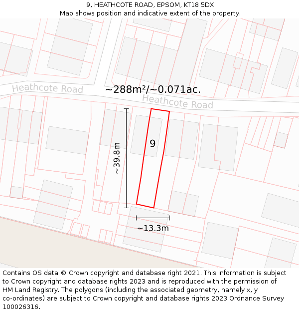 9, HEATHCOTE ROAD, EPSOM, KT18 5DX: Plot and title map