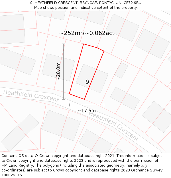9, HEATHFIELD CRESCENT, BRYNCAE, PONTYCLUN, CF72 9RU: Plot and title map