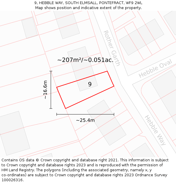 9, HEBBLE WAY, SOUTH ELMSALL, PONTEFRACT, WF9 2WL: Plot and title map