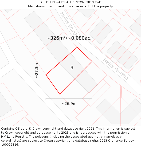 9, HELLIS WARTHA, HELSTON, TR13 8WE: Plot and title map