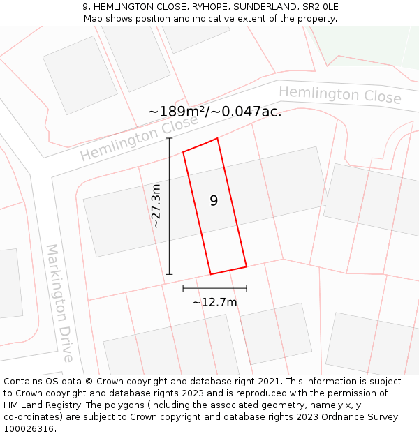 9, HEMLINGTON CLOSE, RYHOPE, SUNDERLAND, SR2 0LE: Plot and title map