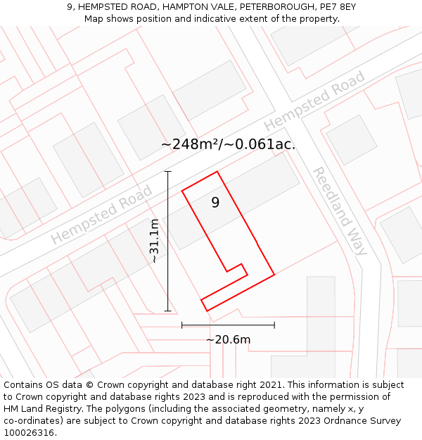 9, HEMPSTED ROAD, HAMPTON VALE, PETERBOROUGH, PE7 8EY: Plot and title map
