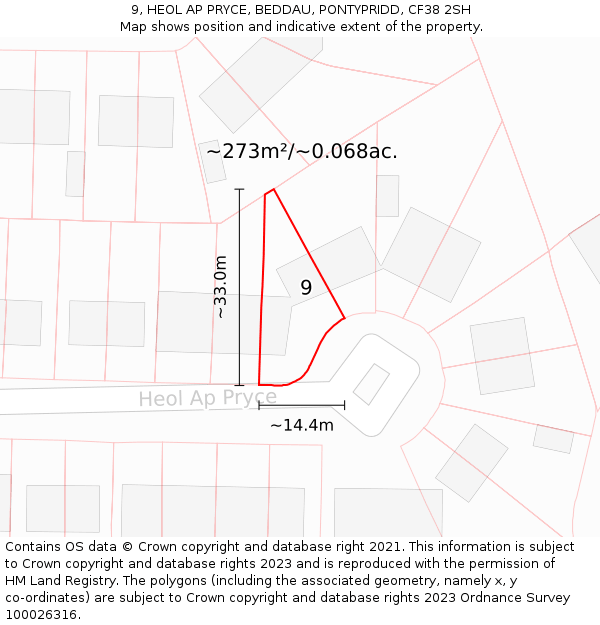 9, HEOL AP PRYCE, BEDDAU, PONTYPRIDD, CF38 2SH: Plot and title map