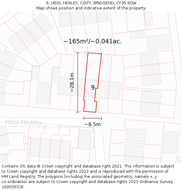 9, HEOL HEALEY, COITY, BRIDGEND, CF35 6GW: Plot and title map