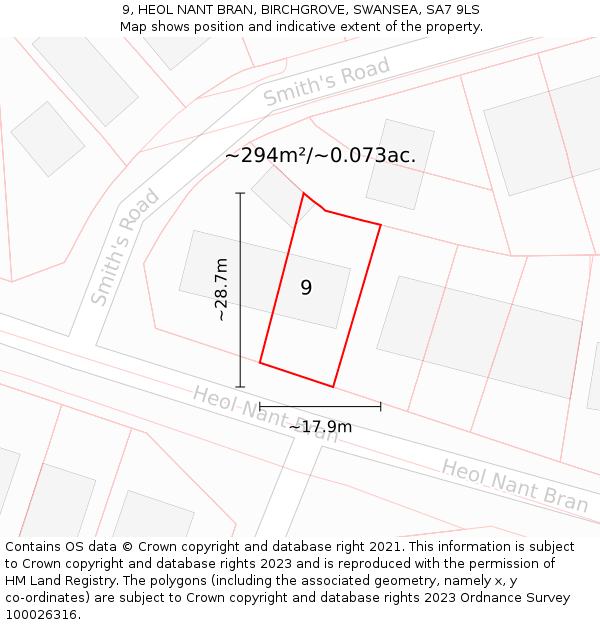 9, HEOL NANT BRAN, BIRCHGROVE, SWANSEA, SA7 9LS: Plot and title map