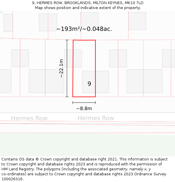 9, HERMES ROW, BROOKLANDS, MILTON KEYNES, MK10 7LD: Plot and title map