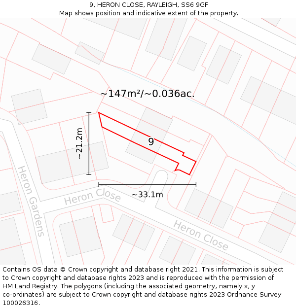 9, HERON CLOSE, RAYLEIGH, SS6 9GF: Plot and title map