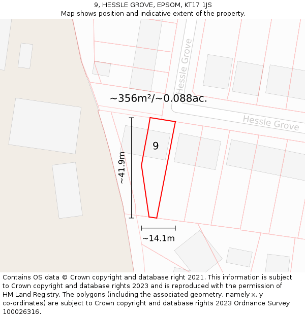 9, HESSLE GROVE, EPSOM, KT17 1JS: Plot and title map