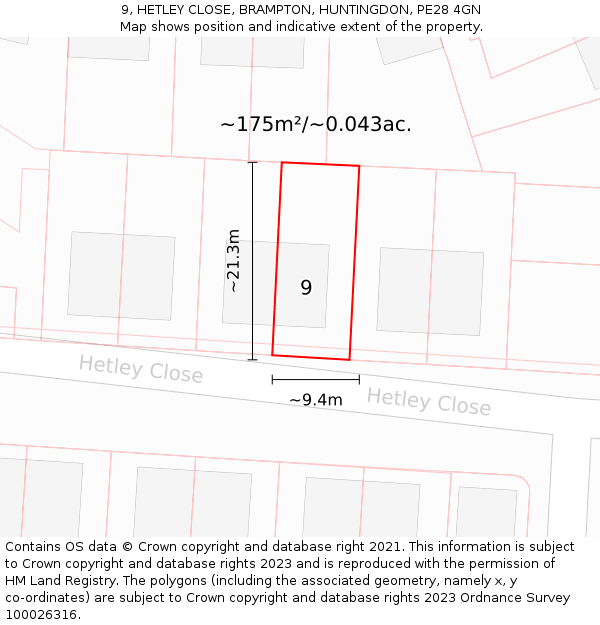 9, HETLEY CLOSE, BRAMPTON, HUNTINGDON, PE28 4GN: Plot and title map