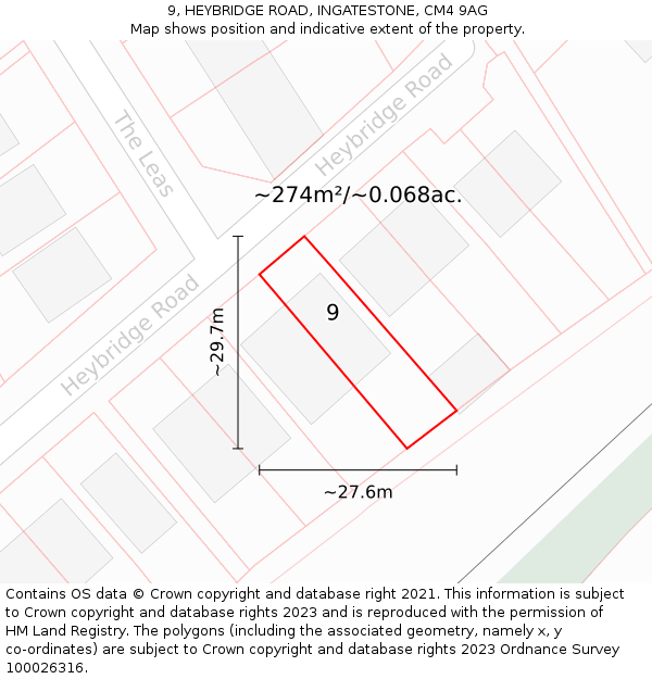 9, HEYBRIDGE ROAD, INGATESTONE, CM4 9AG: Plot and title map