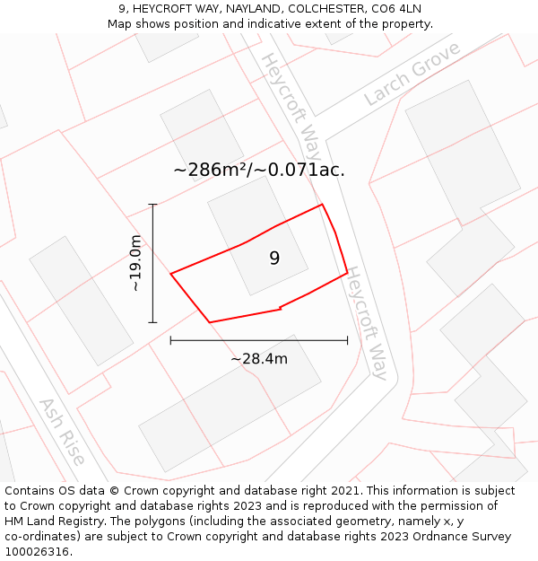 9, HEYCROFT WAY, NAYLAND, COLCHESTER, CO6 4LN: Plot and title map