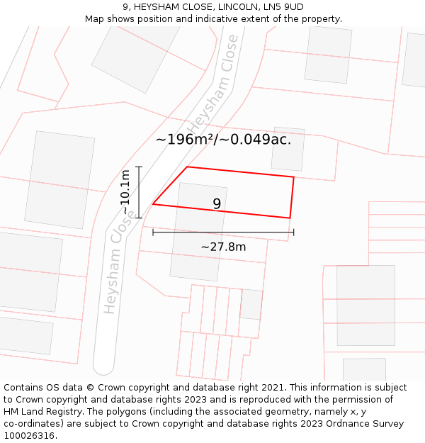 9, HEYSHAM CLOSE, LINCOLN, LN5 9UD: Plot and title map