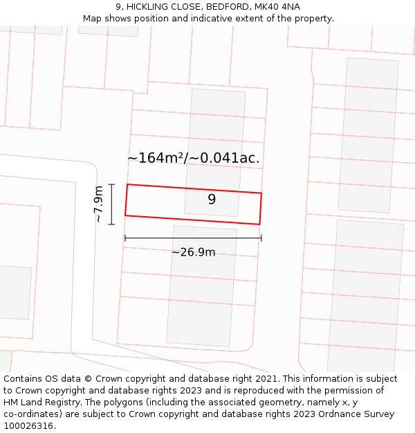 9, HICKLING CLOSE, BEDFORD, MK40 4NA: Plot and title map