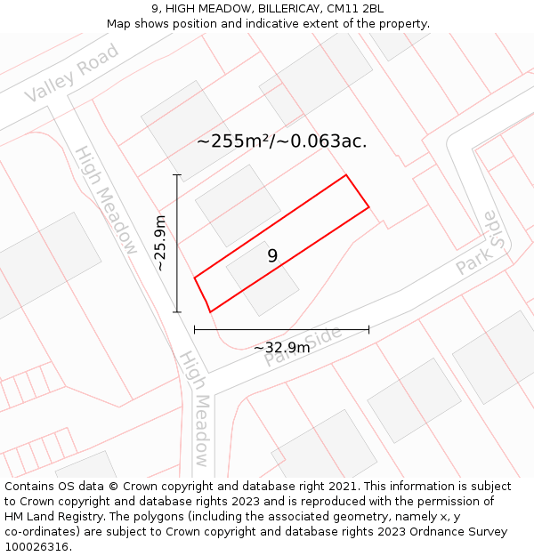 9, HIGH MEADOW, BILLERICAY, CM11 2BL: Plot and title map