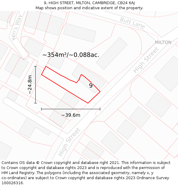 9, HIGH STREET, MILTON, CAMBRIDGE, CB24 6AJ: Plot and title map