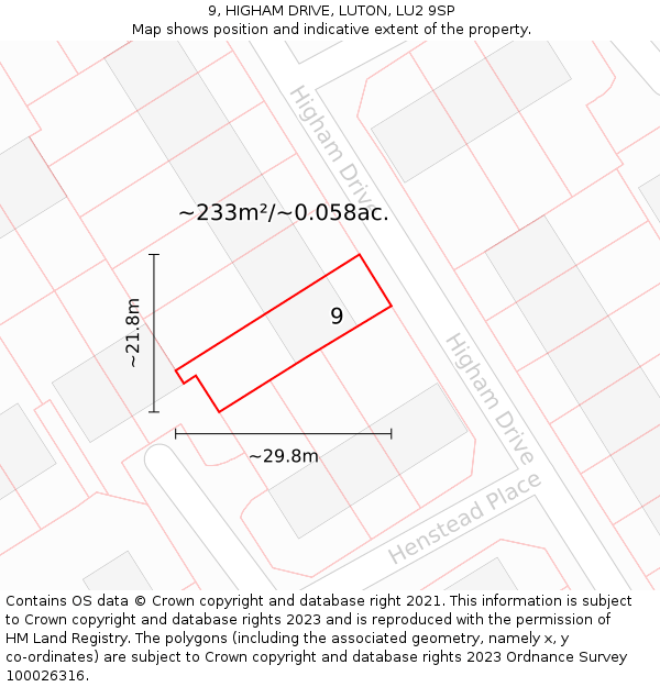 9, HIGHAM DRIVE, LUTON, LU2 9SP: Plot and title map