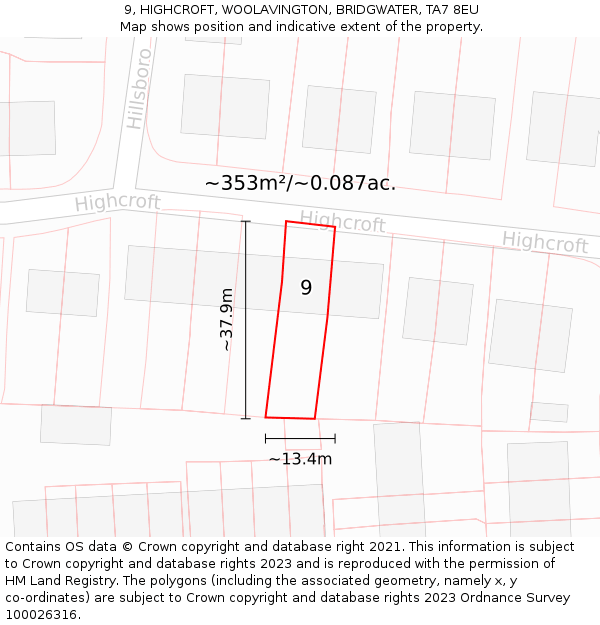 9, HIGHCROFT, WOOLAVINGTON, BRIDGWATER, TA7 8EU: Plot and title map