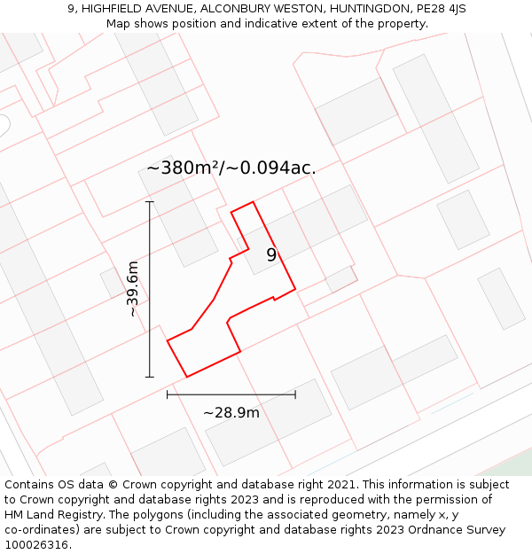 9, HIGHFIELD AVENUE, ALCONBURY WESTON, HUNTINGDON, PE28 4JS: Plot and title map