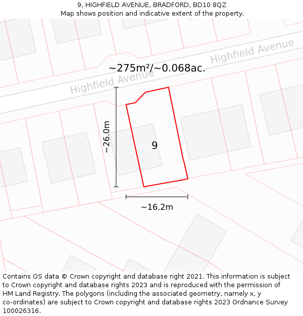 9, HIGHFIELD AVENUE, BRADFORD, BD10 8QZ: Plot and title map