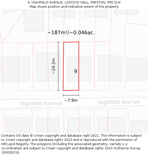 9, HIGHFIELD AVENUE, LOSTOCK HALL, PRESTON, PR5 5UX: Plot and title map