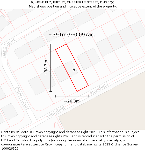 9, HIGHFIELD, BIRTLEY, CHESTER LE STREET, DH3 1QQ: Plot and title map
