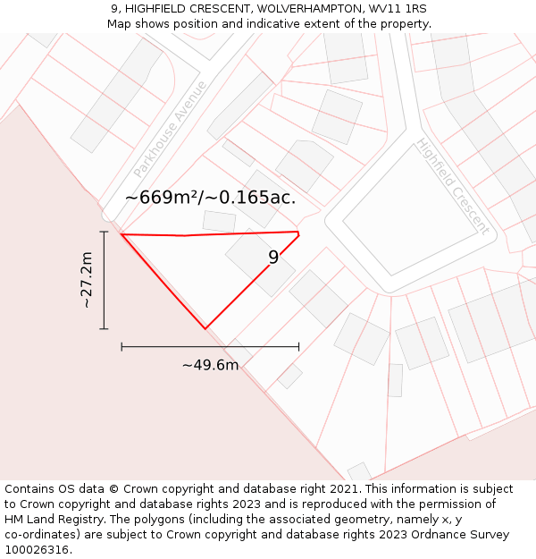 9, HIGHFIELD CRESCENT, WOLVERHAMPTON, WV11 1RS: Plot and title map