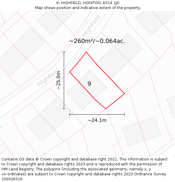 9, HIGHFIELD, HONITON, EX14 1JD: Plot and title map
