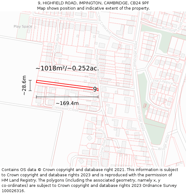 9, HIGHFIELD ROAD, IMPINGTON, CAMBRIDGE, CB24 9PF: Plot and title map
