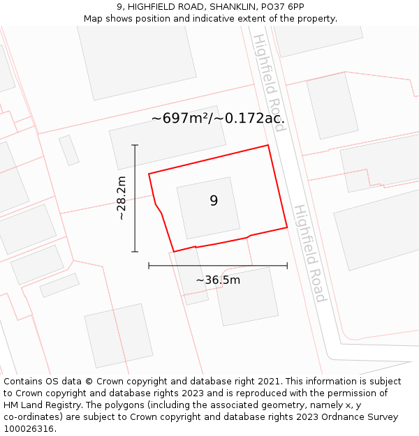 9, HIGHFIELD ROAD, SHANKLIN, PO37 6PP: Plot and title map