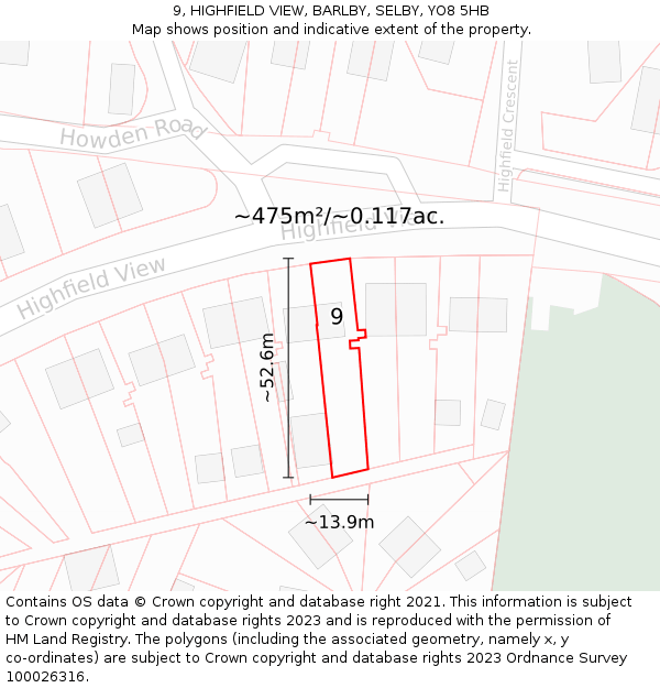 9, HIGHFIELD VIEW, BARLBY, SELBY, YO8 5HB: Plot and title map