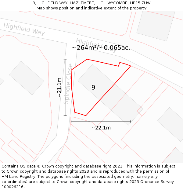 9, HIGHFIELD WAY, HAZLEMERE, HIGH WYCOMBE, HP15 7UW: Plot and title map