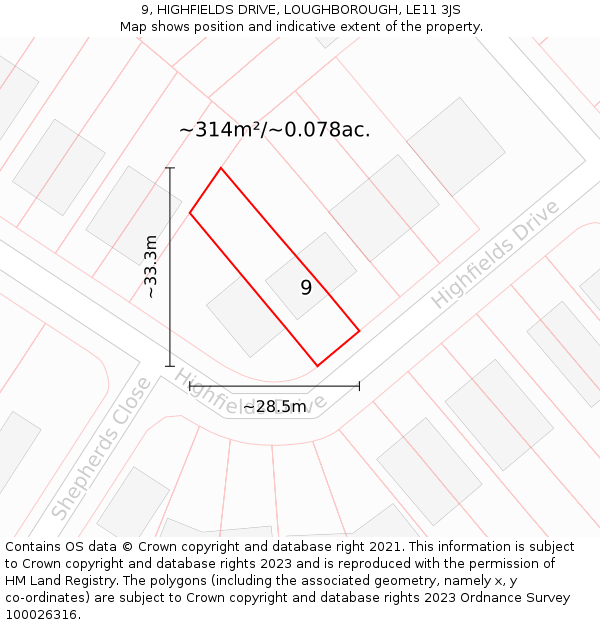 9, HIGHFIELDS DRIVE, LOUGHBOROUGH, LE11 3JS: Plot and title map