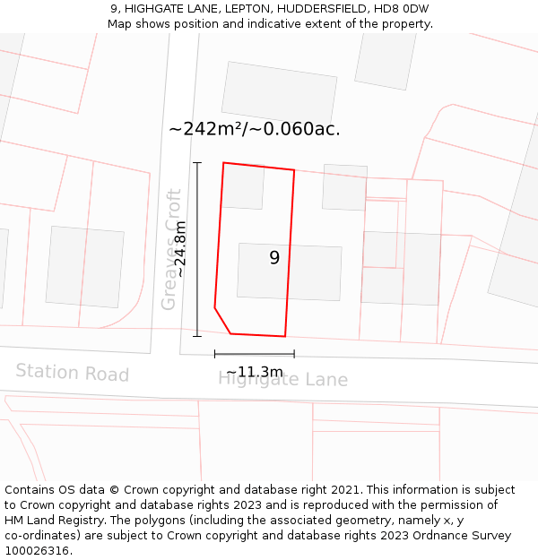 9, HIGHGATE LANE, LEPTON, HUDDERSFIELD, HD8 0DW: Plot and title map