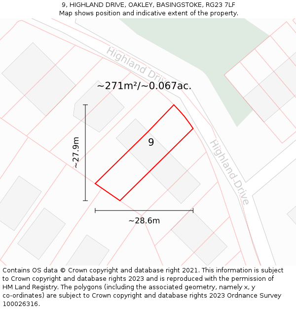 9, HIGHLAND DRIVE, OAKLEY, BASINGSTOKE, RG23 7LF: Plot and title map