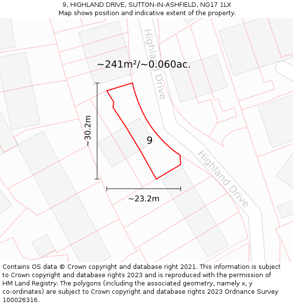 9, HIGHLAND DRIVE, SUTTON-IN-ASHFIELD, NG17 1LX: Plot and title map