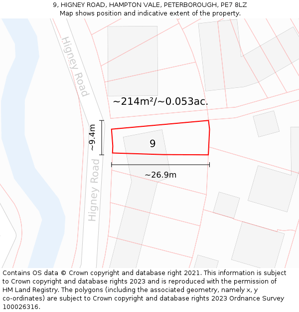 9, HIGNEY ROAD, HAMPTON VALE, PETERBOROUGH, PE7 8LZ: Plot and title map