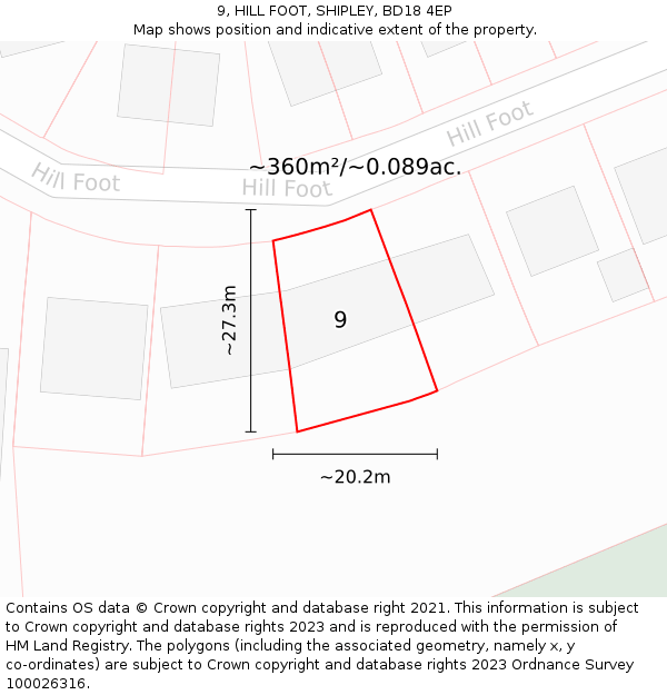9, HILL FOOT, SHIPLEY, BD18 4EP: Plot and title map
