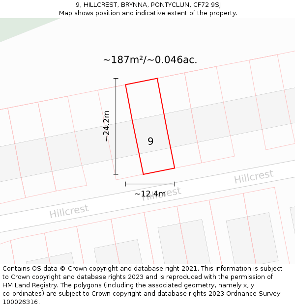 9, HILLCREST, BRYNNA, PONTYCLUN, CF72 9SJ: Plot and title map