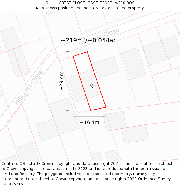 9, HILLCREST CLOSE, CASTLEFORD, WF10 3QS: Plot and title map