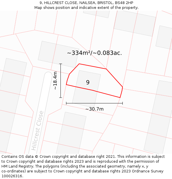 9, HILLCREST CLOSE, NAILSEA, BRISTOL, BS48 2HP: Plot and title map