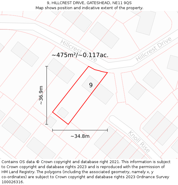 9, HILLCREST DRIVE, GATESHEAD, NE11 9QS: Plot and title map