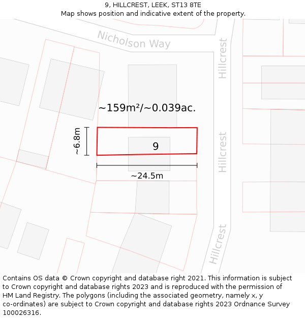 9, HILLCREST, LEEK, ST13 8TE: Plot and title map