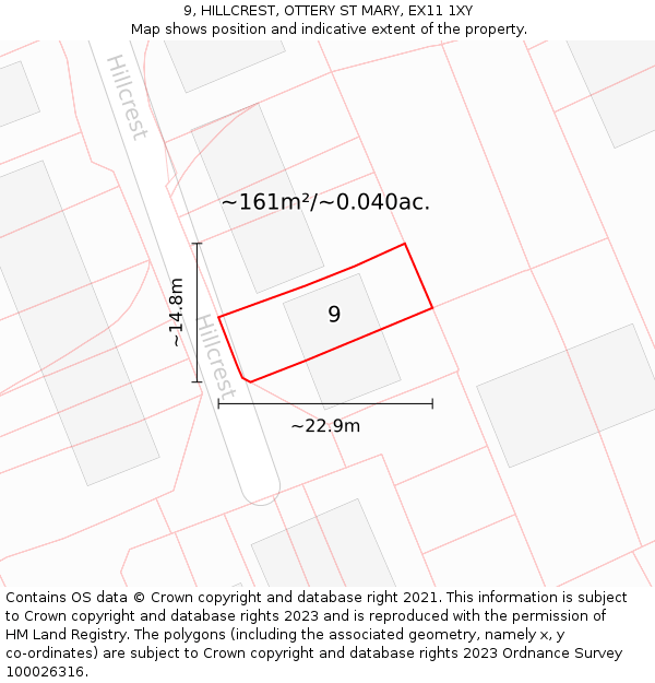9, HILLCREST, OTTERY ST MARY, EX11 1XY: Plot and title map