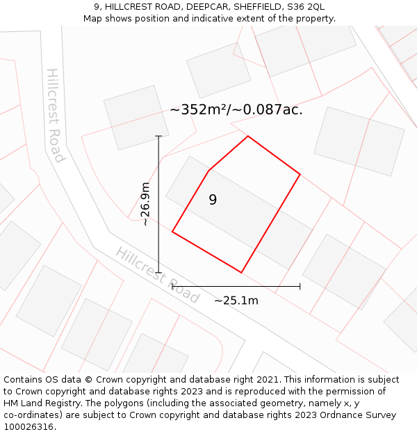 9, HILLCREST ROAD, DEEPCAR, SHEFFIELD, S36 2QL: Plot and title map